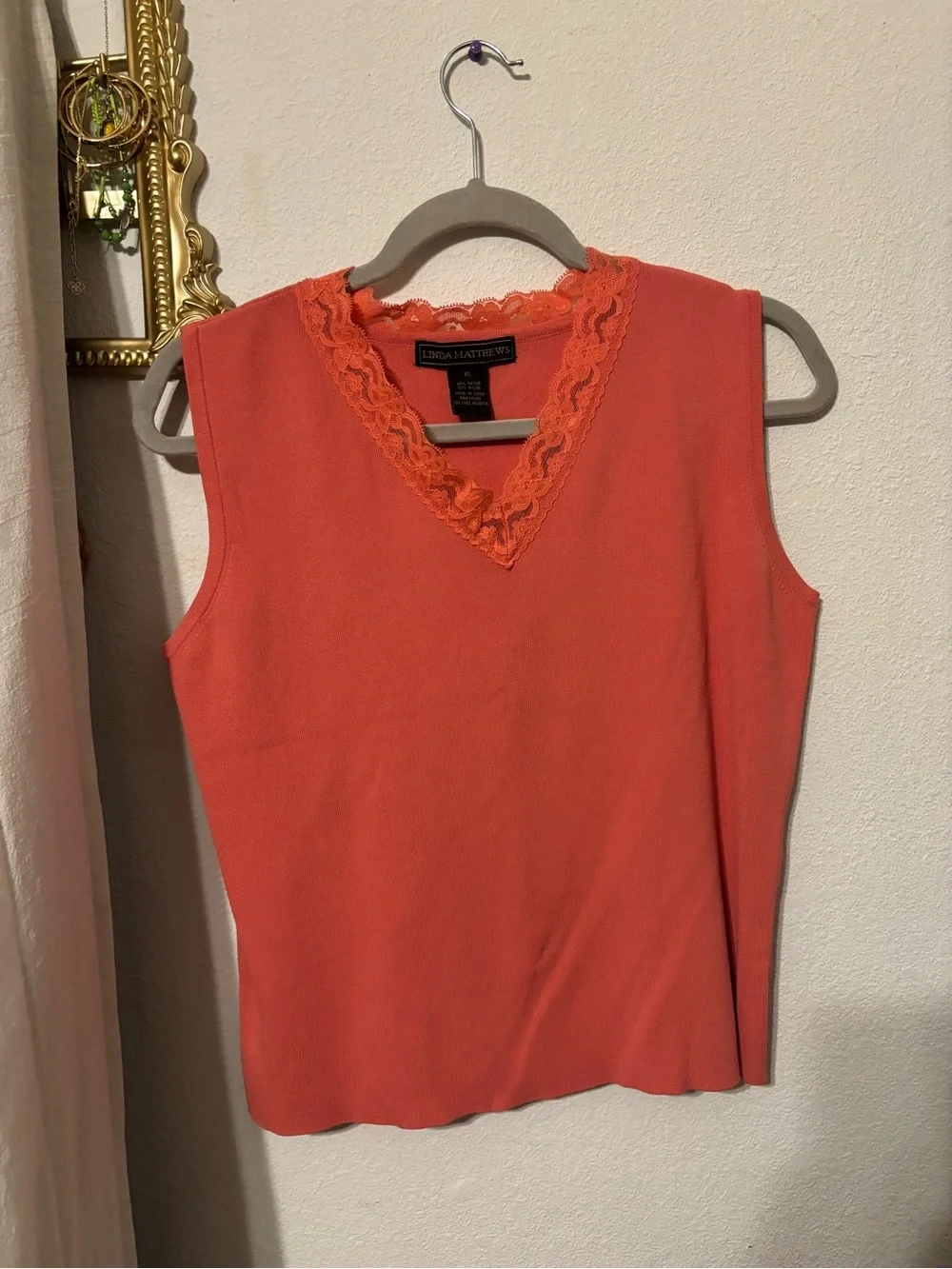 Coral Lace-Trim V-Neck Sleeveless Top